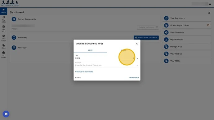 Screenshot of our employee W-2 selector